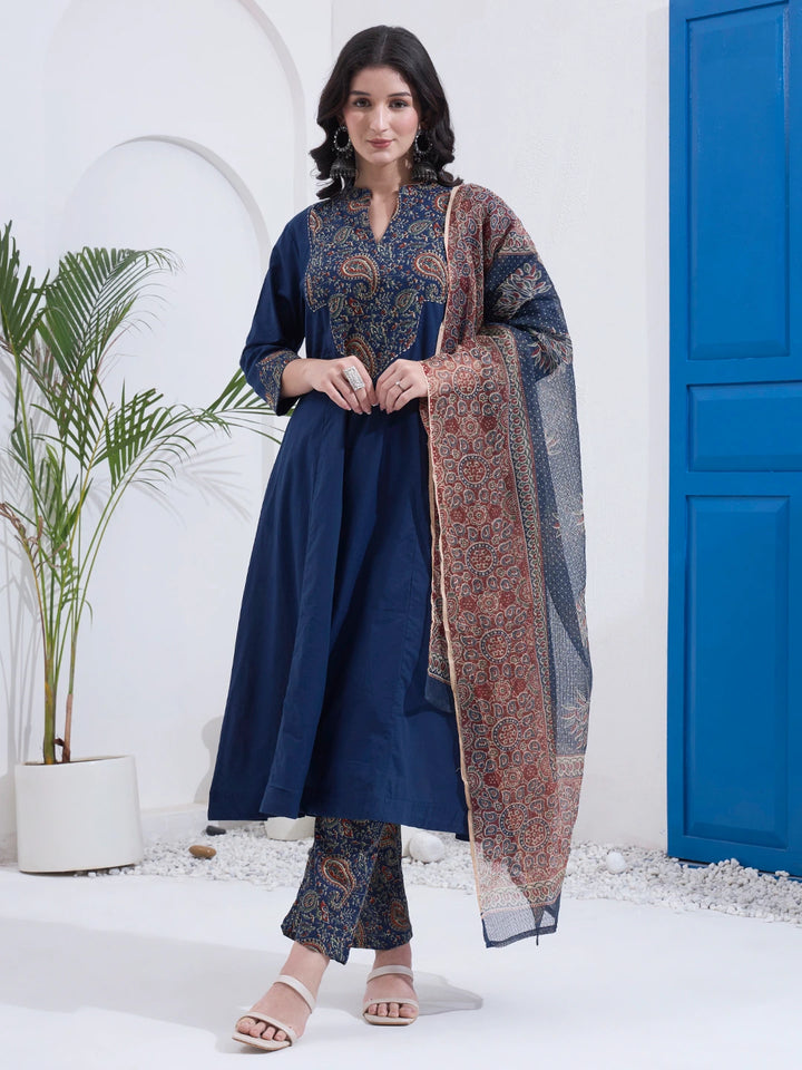 Navy Blue Cotton A Line Patch Work Kurta Pant Dupatta Set