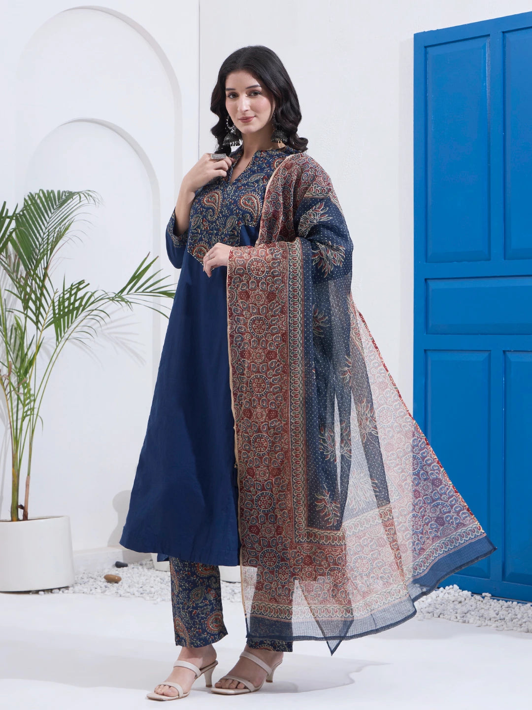 Navy Blue Cotton A Line Patch Work Kurta Pant Dupatta Set