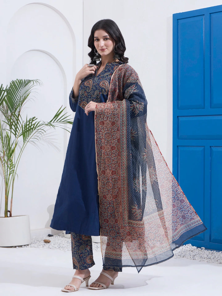 Navy Blue Cotton A Line Patch Work Kurta Pant Dupatta Set