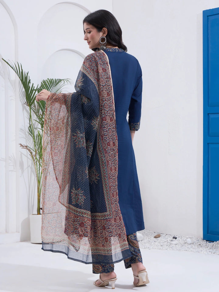 Navy Blue Cotton A Line Patch Work Kurta Pant Dupatta Set