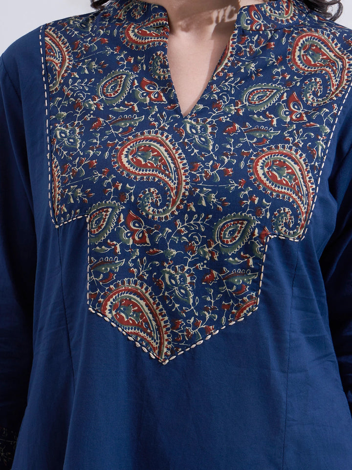 Navy Blue Cotton A Line Patch Work Kurta Pant Dupatta Set