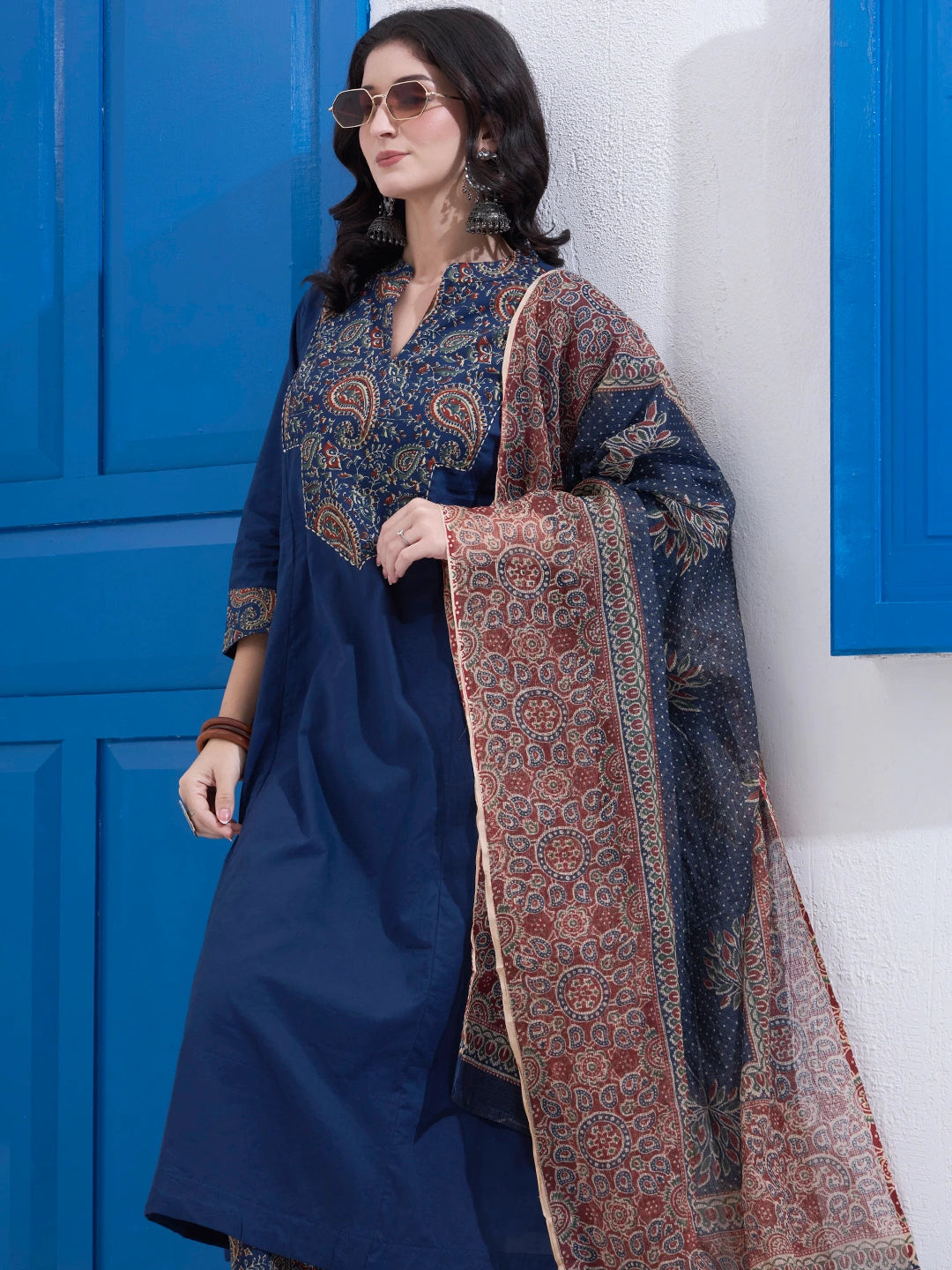 Navy Blue Cotton A Line Patch Work Kurta Pant Dupatta Set