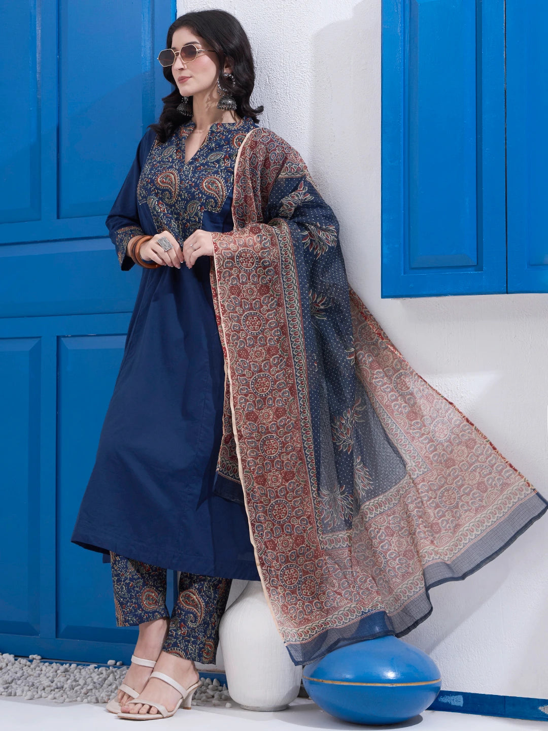 Navy Blue Cotton A Line Patch Work Kurta Pant Dupatta Set