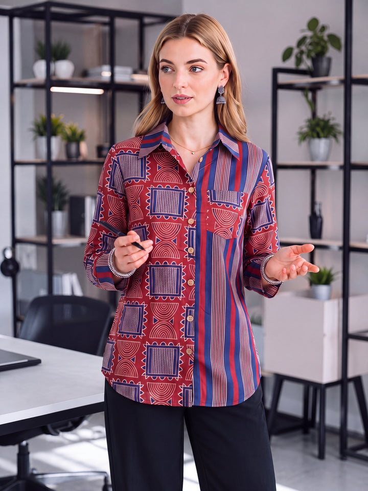 Blue And Maroon Cotton Shirt Top
