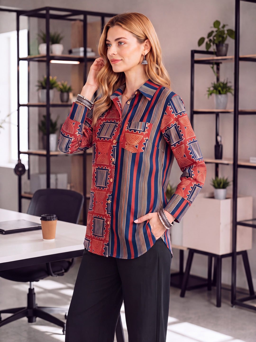 Blue And Maroon Cotton Shirt Top
