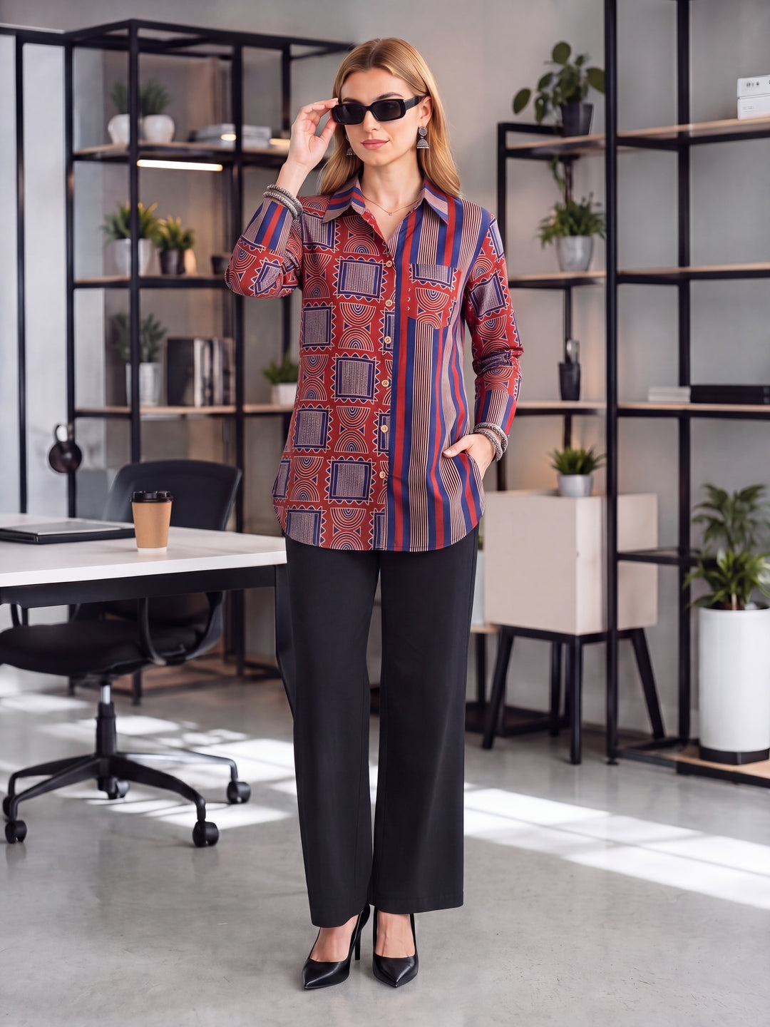 Blue And Maroon Cotton Shirt Top