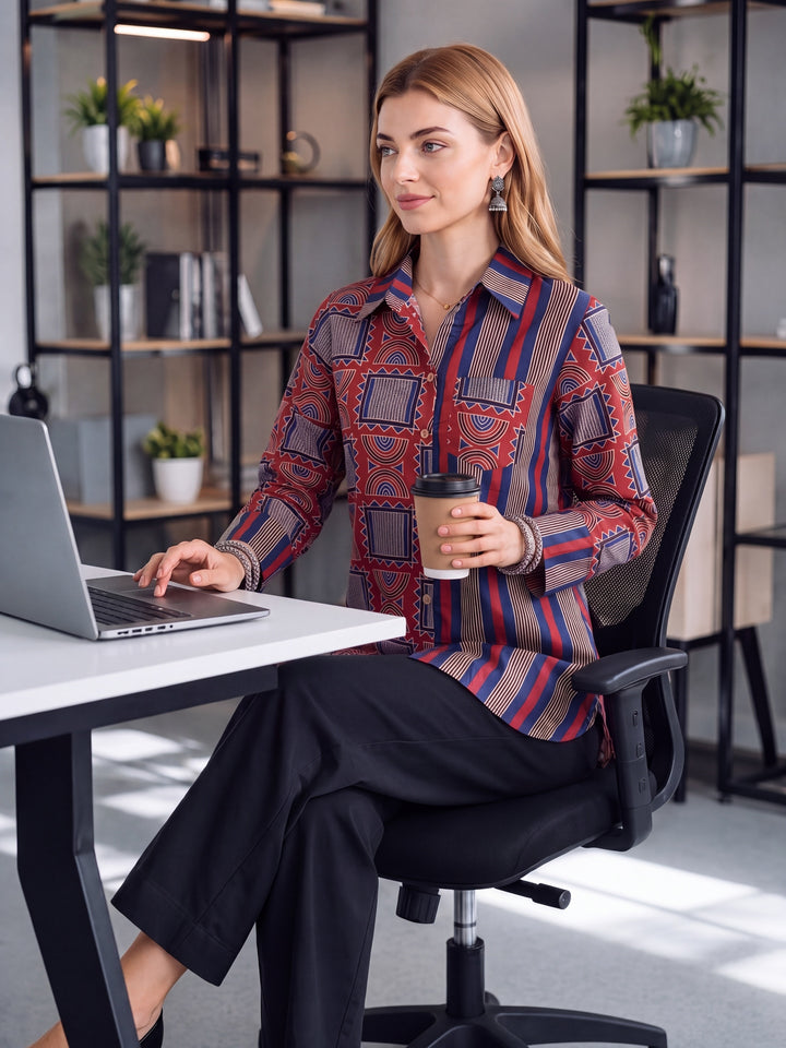 Blue And Maroon Cotton Shirt Top