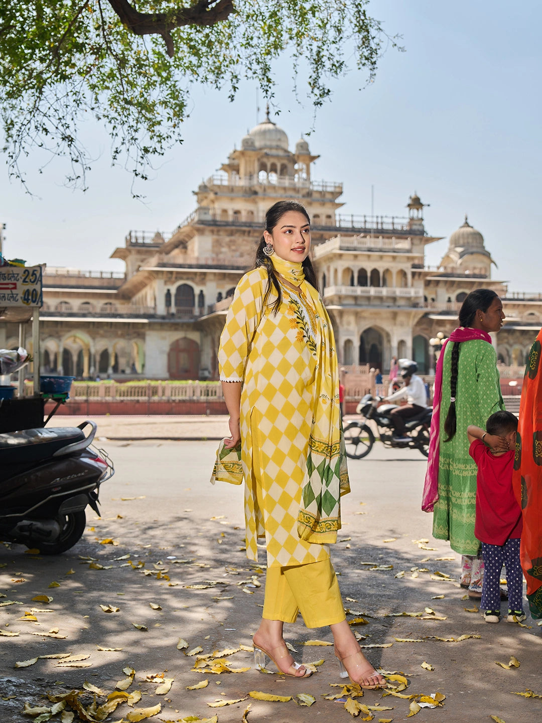 Yellow Floral Straight Thared Work Kurta Trouser Dupatta Set