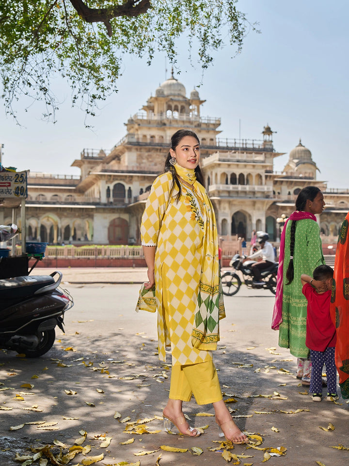 Yellow Floral Straight Thared Work Kurta Trouser Dupatta Set