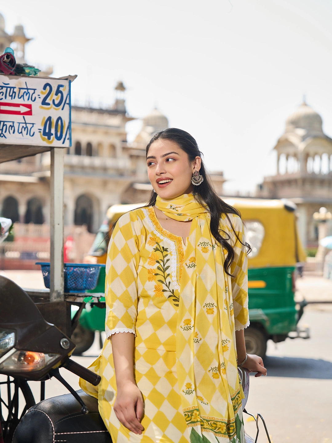 Yellow Floral Straight Thared Work Kurta Trouser Dupatta Set