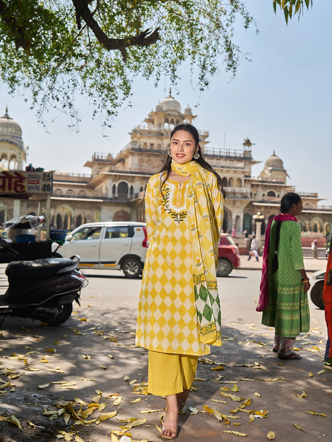 Yellow Floral Straight Thared Work Kurta Trouser Dupatta Set