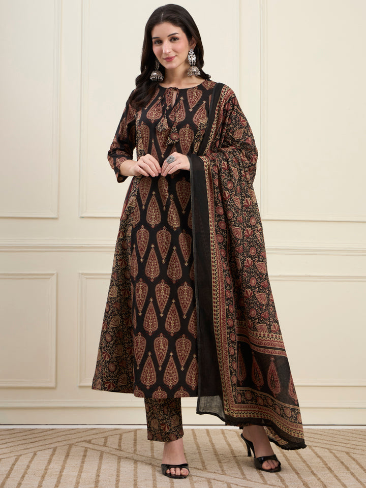 Black Cotton Kalidaar Style Kurta Pant Dupatta Set