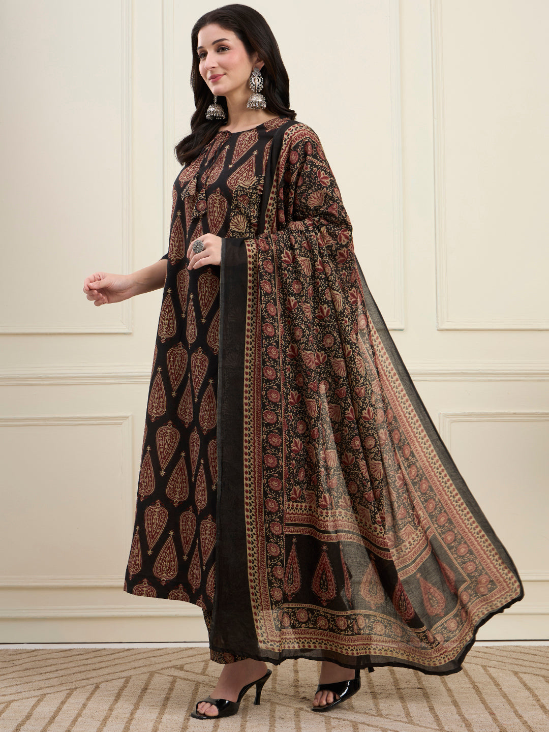 Black Cotton Kalidaar Style Kurta Pant Dupatta Set
