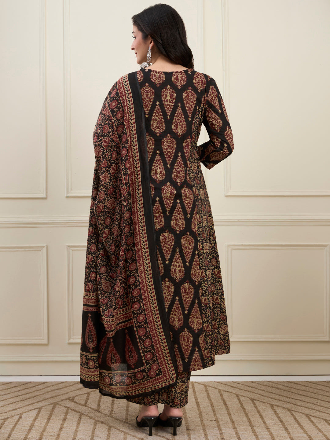 Black Cotton Kalidaar Style Kurta Pant Dupatta Set