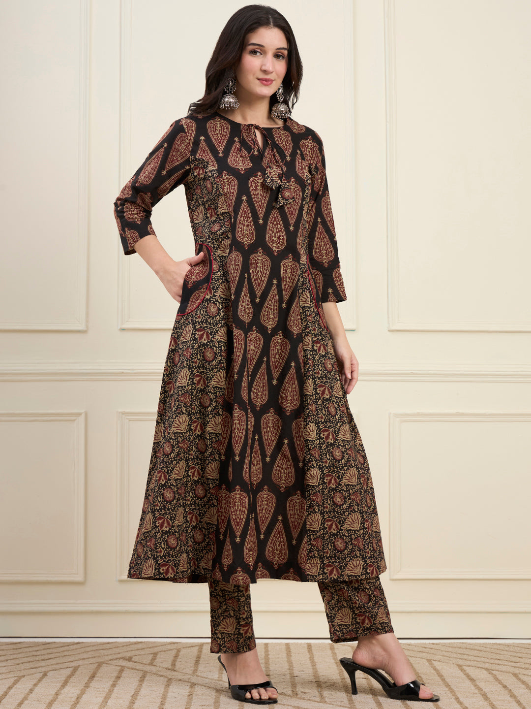 Black Cotton Kalidaar Style Kurta Pant Dupatta Set