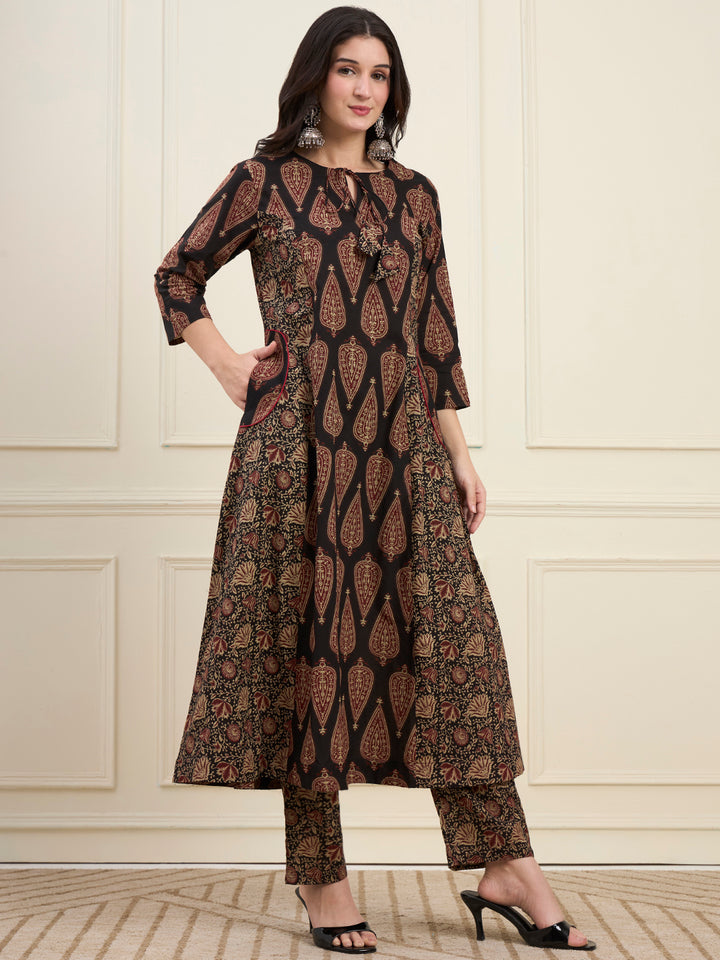 Black Cotton Kalidaar Style Kurta Pant Dupatta Set