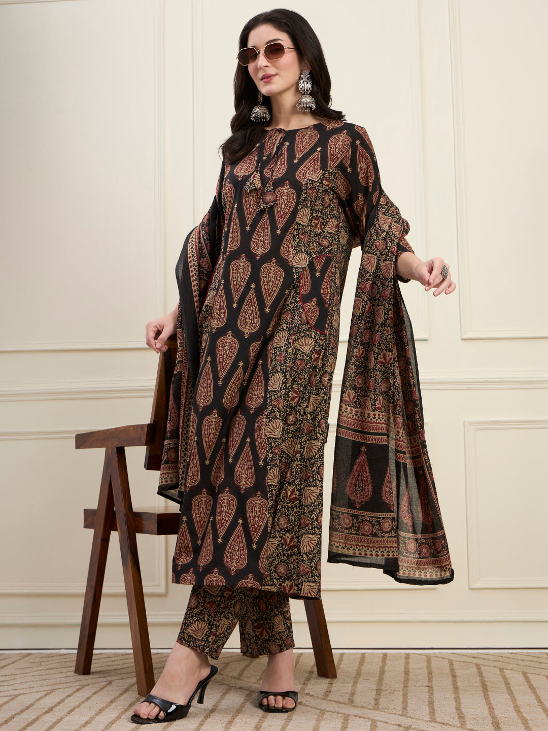 Black Cotton Kalidaar Style Kurta Pant Dupatta Set