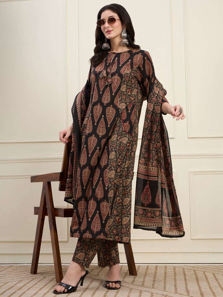 Black Cotton Kalidaar Style Kurta Pant Dupatta Set