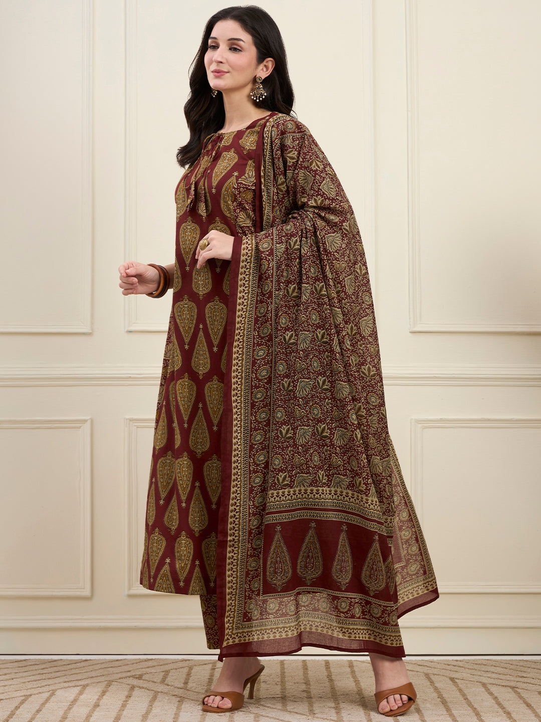 Maroon Cotton Kalidaar Style Kurta Pant Dupatta Set