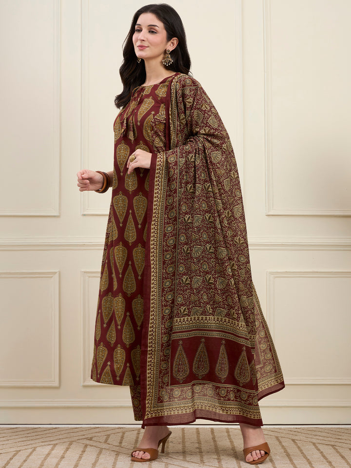 Maroon Cotton Kalidaar Style Kurta Pant Dupatta Set