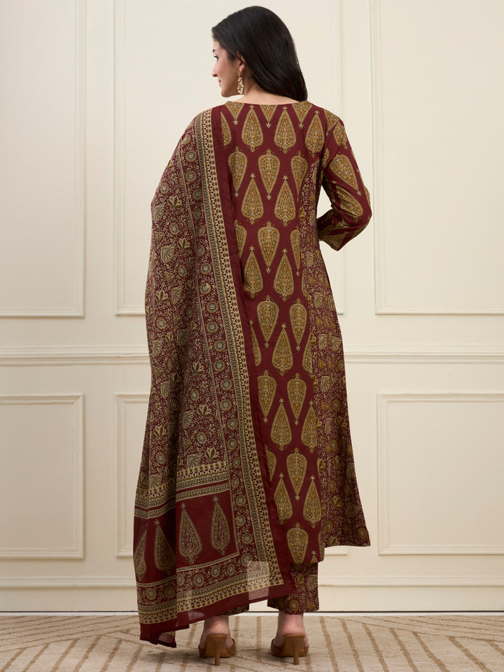 Maroon Cotton Kalidaar Style Kurta Pant Dupatta Set