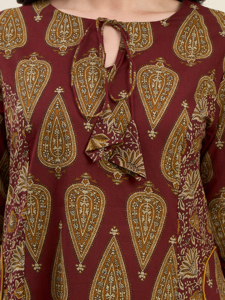 Maroon Cotton Kalidaar Style Kurta Pant Dupatta Set