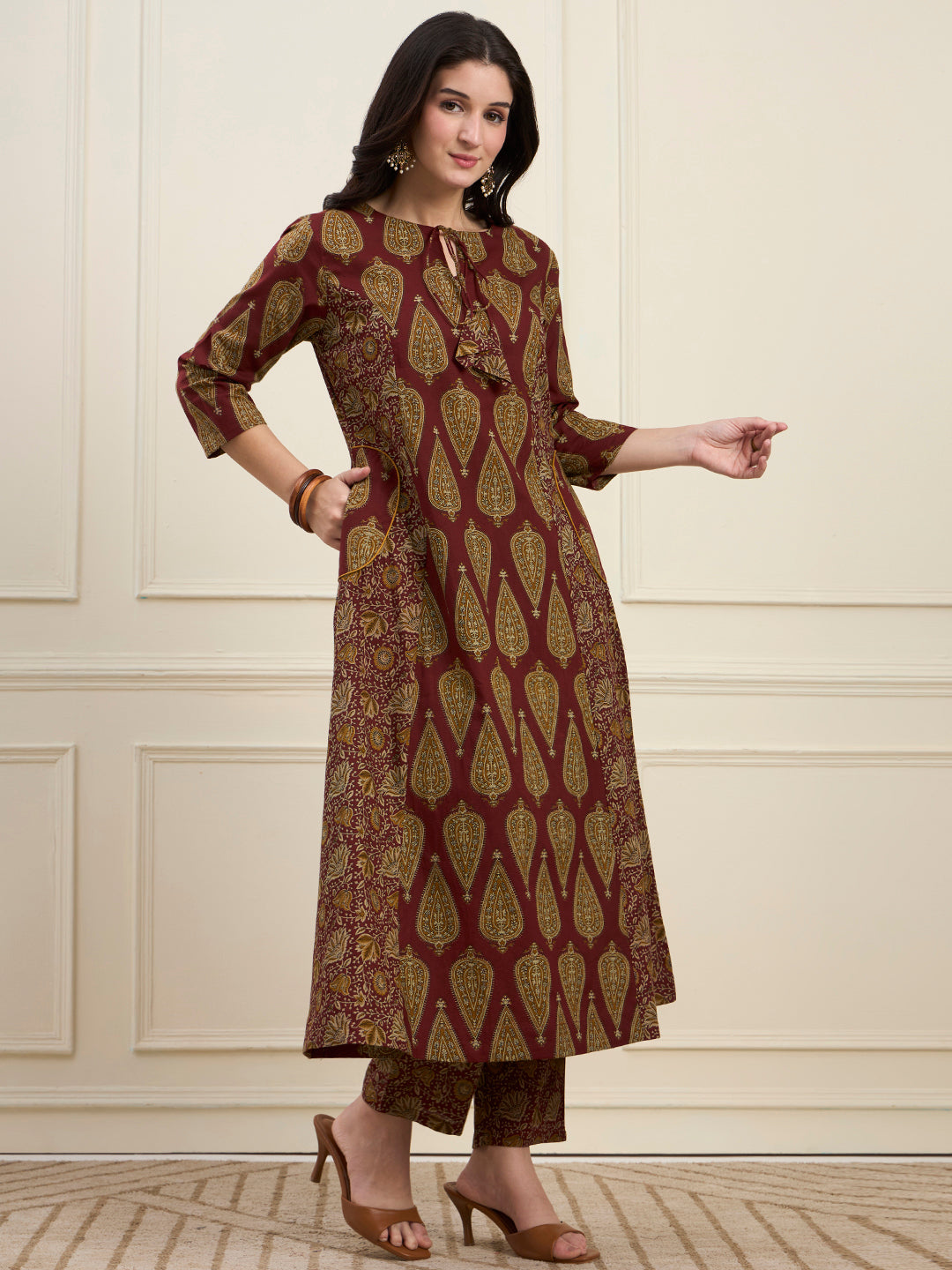 Maroon Cotton Kalidaar Style Kurta Pant Dupatta Set