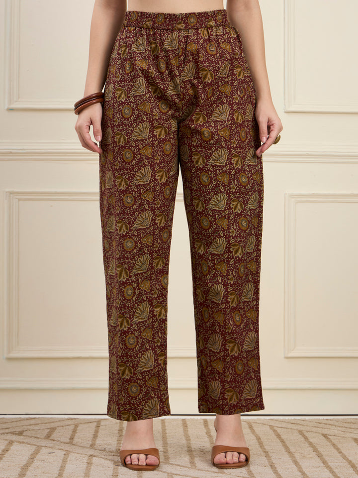 Maroon Cotton Kalidaar Style Kurta Pant Dupatta Set