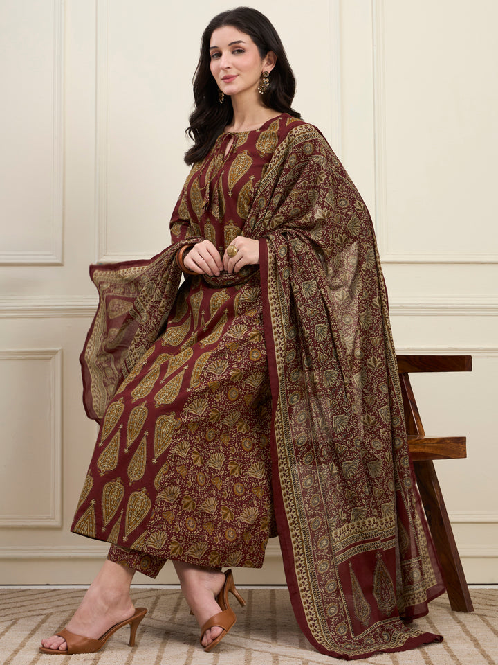 Maroon Cotton Kalidaar Style Kurta Pant Dupatta Set