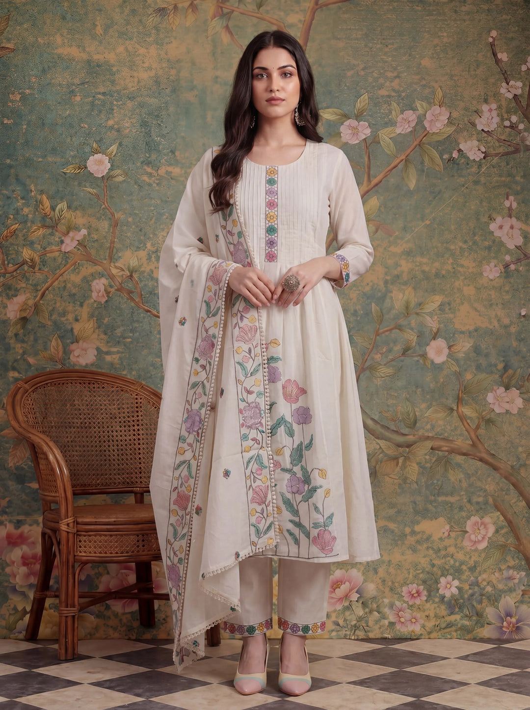White Cotton Embroidered Have A Linin Kurta Pant Dupatta Set