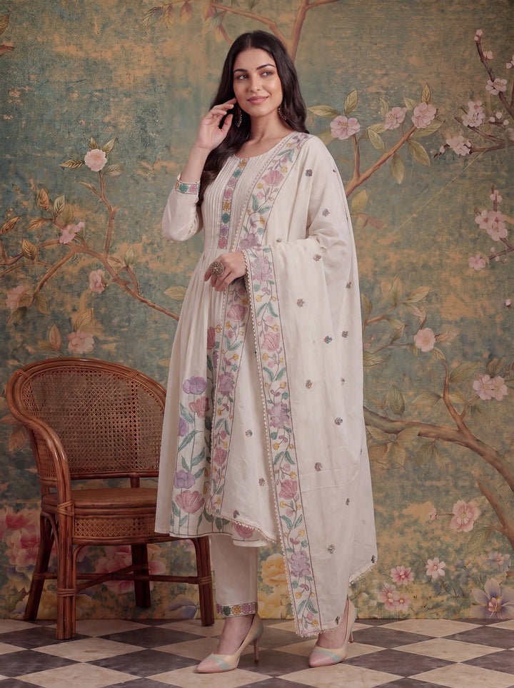 White Cotton Embroidered Have A Linin Kurta Pant Dupatta Set