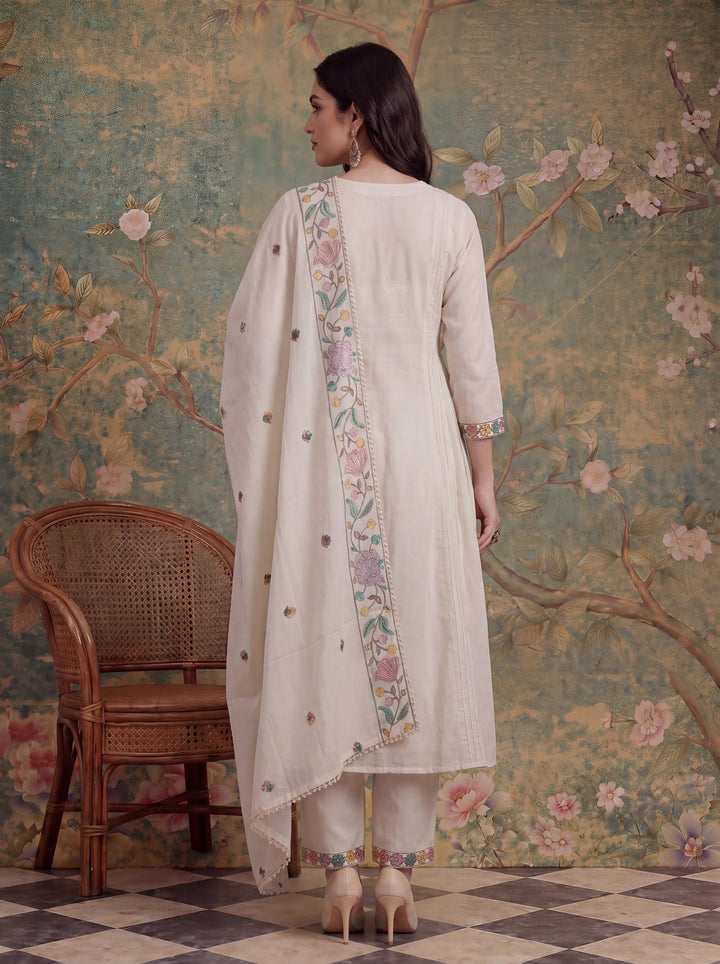White Cotton Embroidered Have A Linin Kurta Pant Dupatta Set