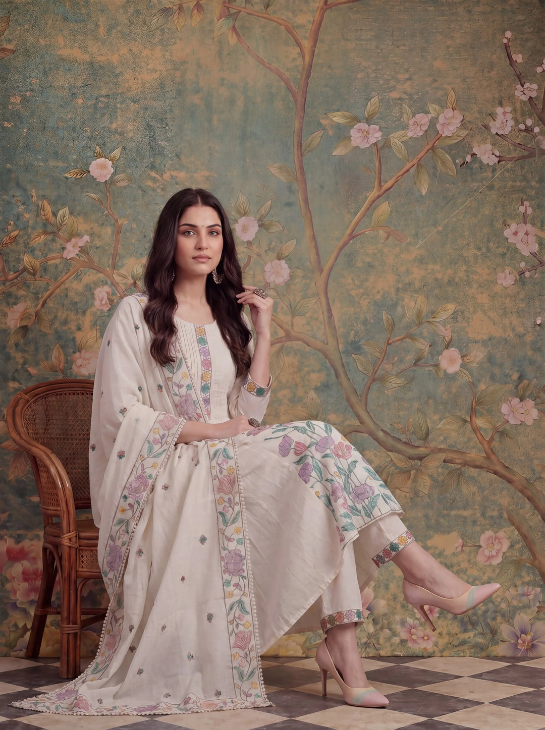 White Cotton Embroidered Have A Linin Kurta Pant Dupatta Set
