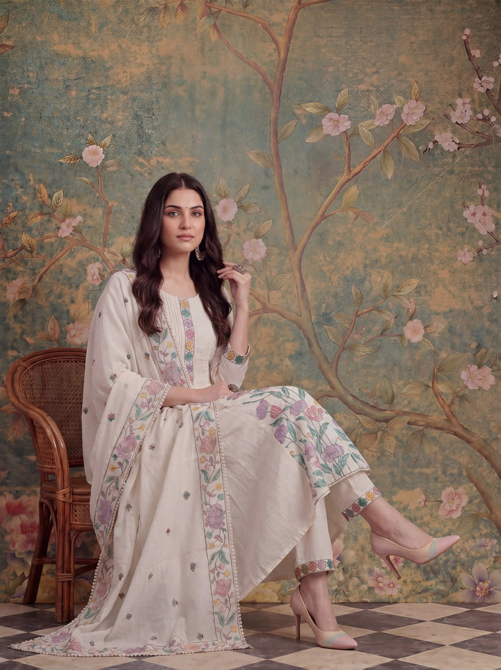 White Cotton Embroidered Have A Linin Kurta Pant Dupatta Set