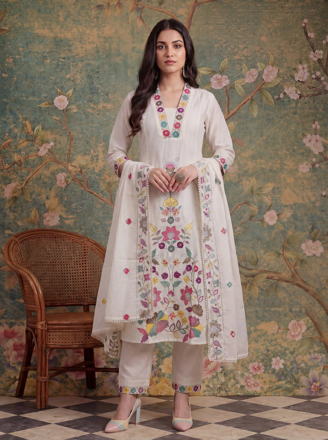 White Cotton Thared Work Sequins Work Have A Linin Kurta Pant Dupatta Set