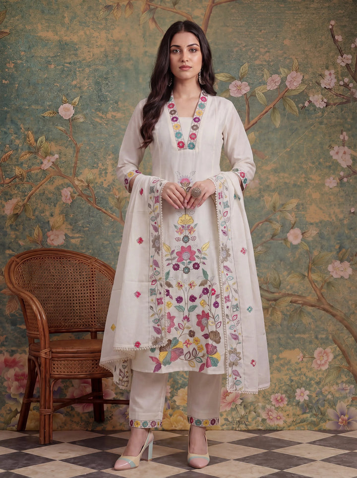 White Cotton Thared Work Sequins Work Have A Linin Kurta Pant Dupatta Set
