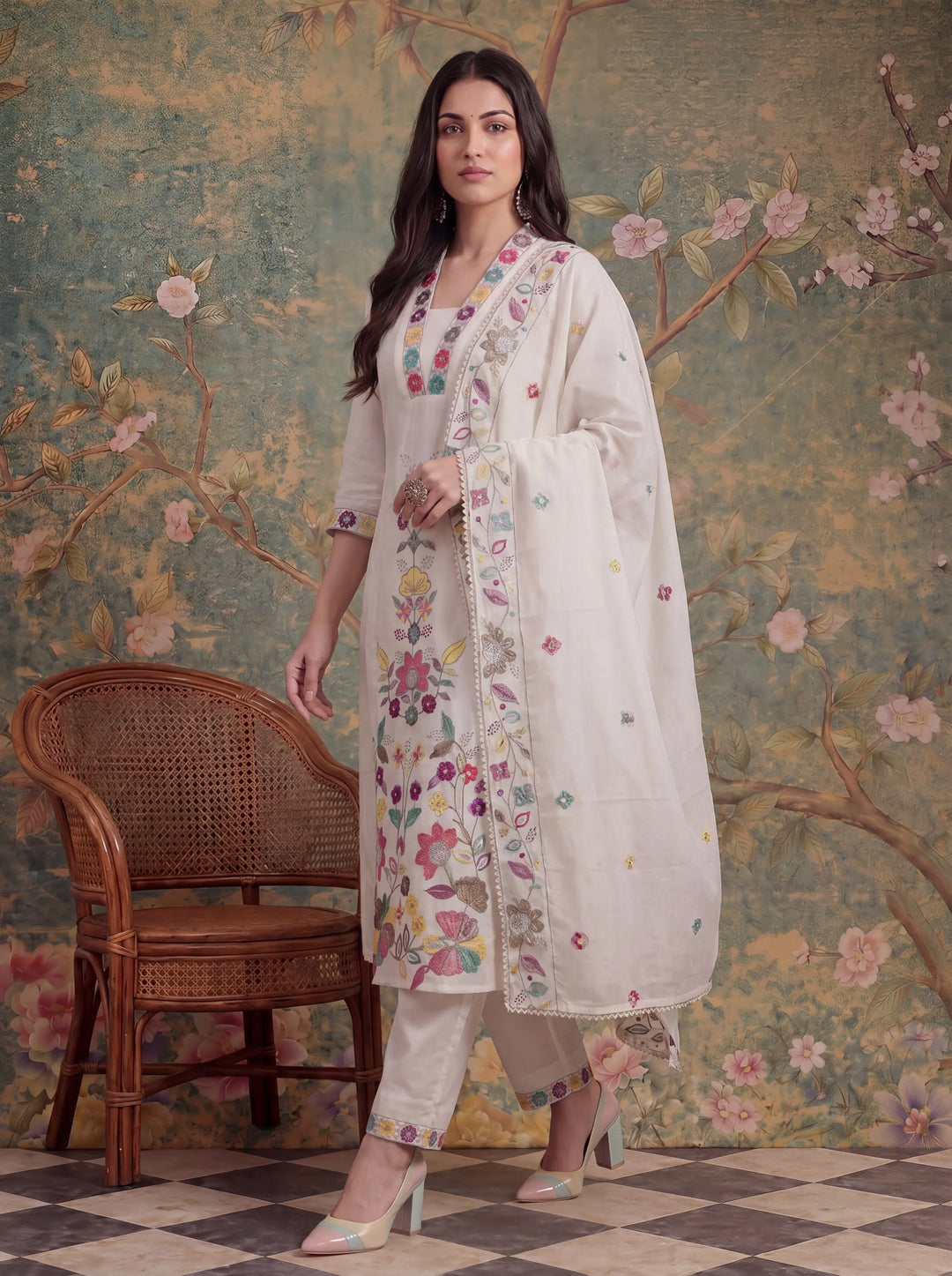 White Cotton Thared Work Sequins Work Have A Linin Kurta Pant Dupatta Set