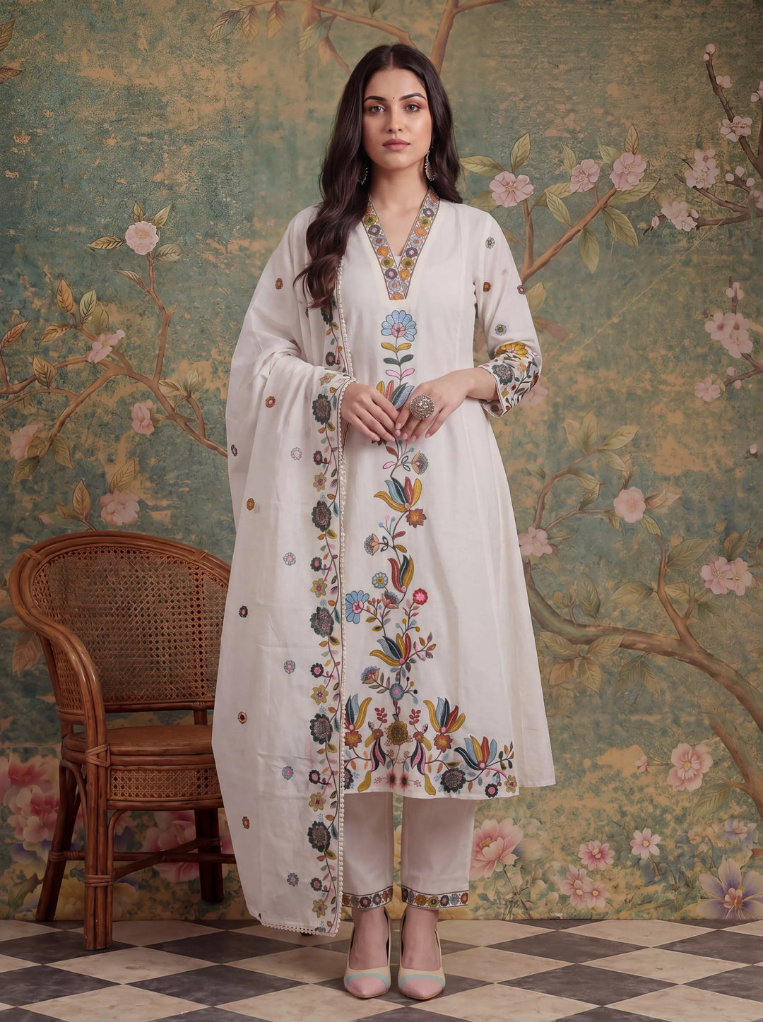 Sea Green Cotton Thared Work  Kurta Pant Dupatta Set