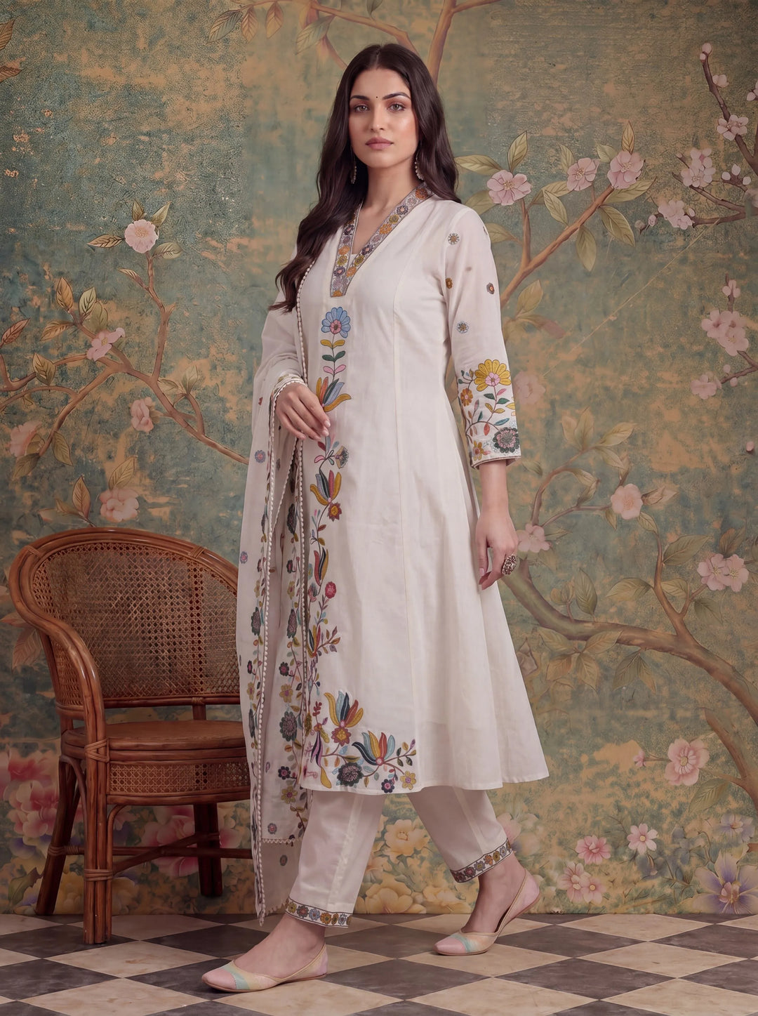 Sea Green Cotton Thared Work  Kurta Pant Dupatta Set
