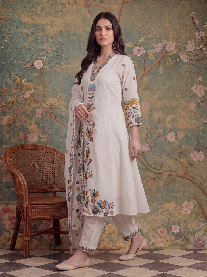 Sea Green Cotton Thared Work  Kurta Pant Dupatta Set