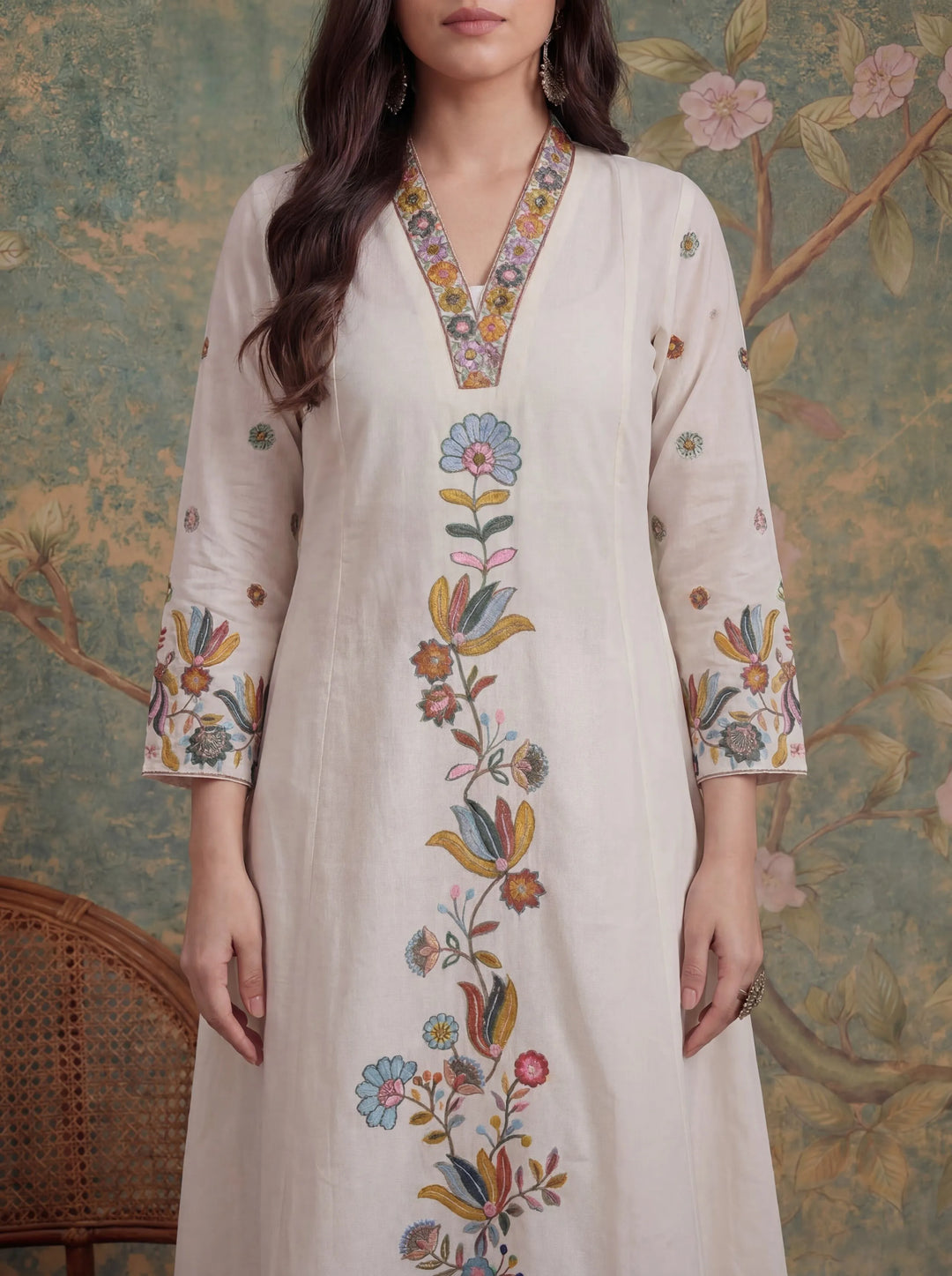 Sea Green Cotton Thared Work  Kurta Pant Dupatta Set