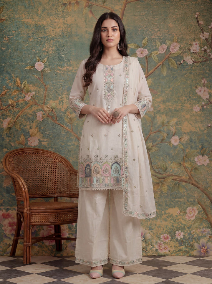 Cream Cotton Thared Work  Kurta Pant Dupatta Set