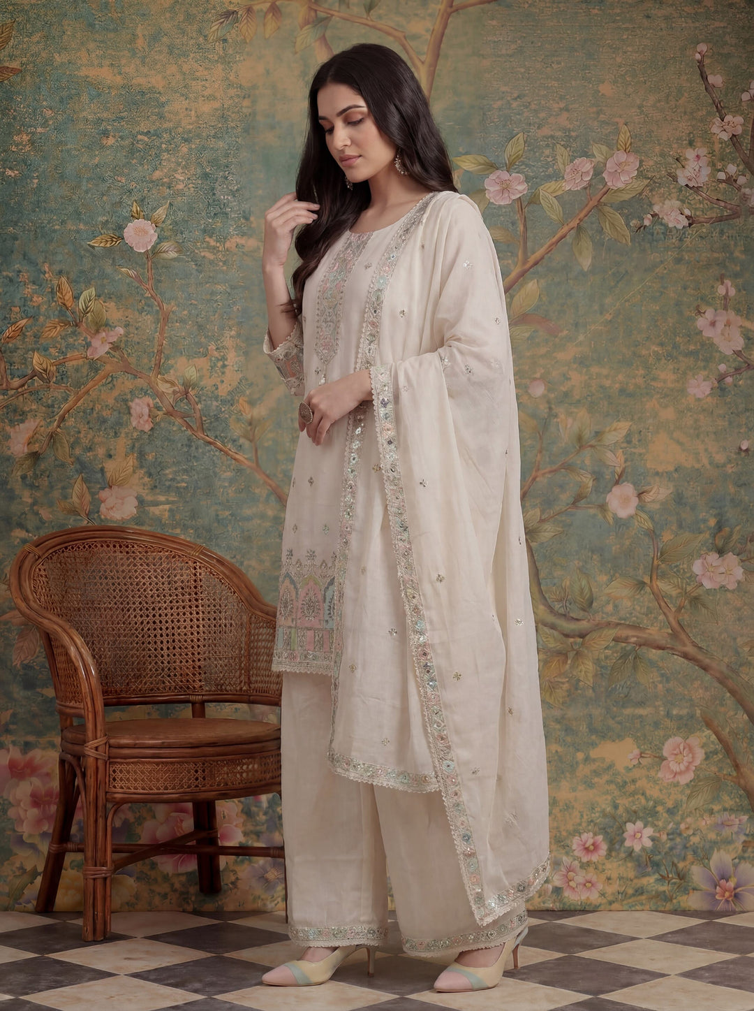Cream Cotton Thared Work  Kurta Pant Dupatta Set
