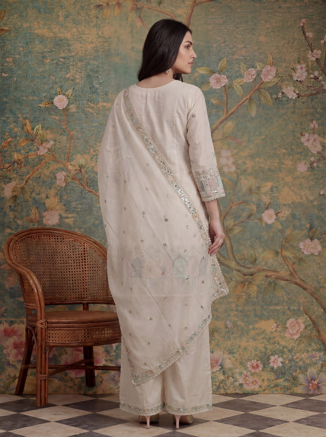 Cream Cotton Thared Work  Kurta Pant Dupatta Set