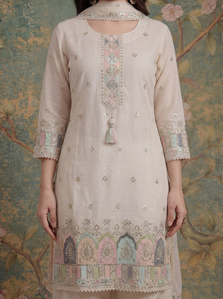 Cream Cotton Thared Work  Kurta Pant Dupatta Set