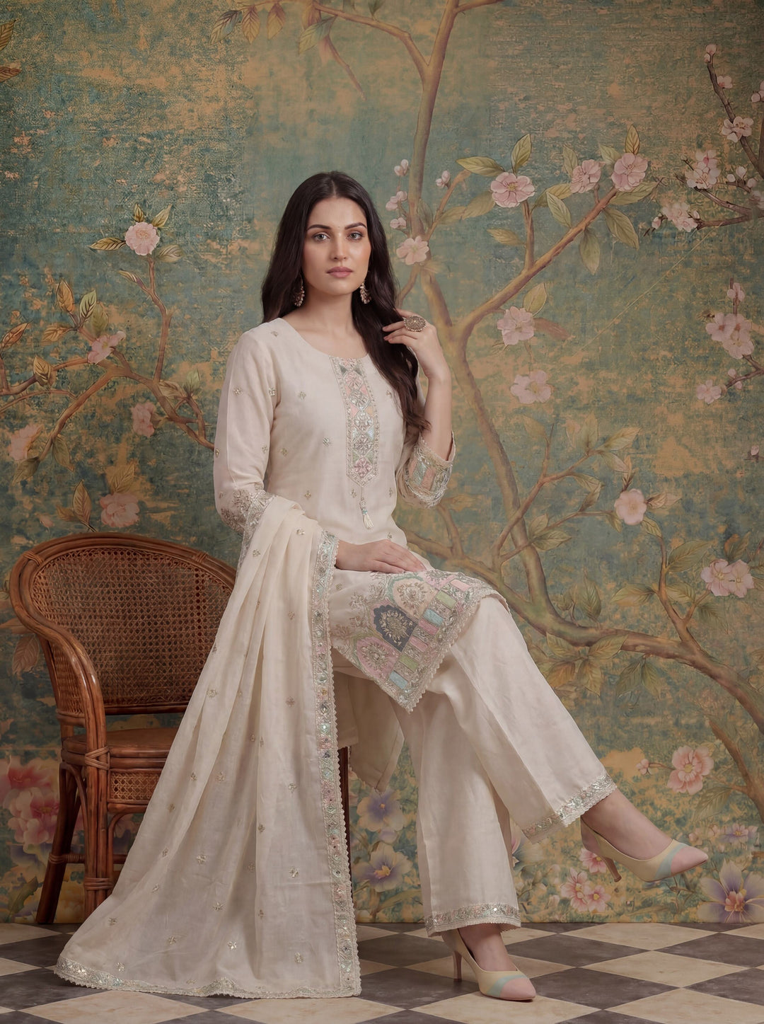 Cream Cotton Thared Work  Kurta Pant Dupatta Set