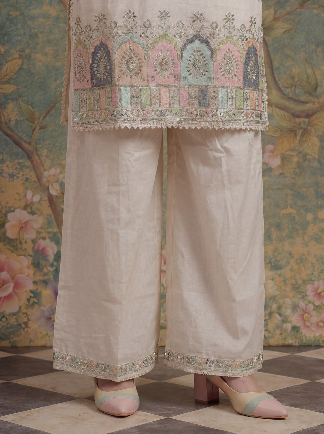 Cream Cotton Thared Work  Kurta Pant Dupatta Set