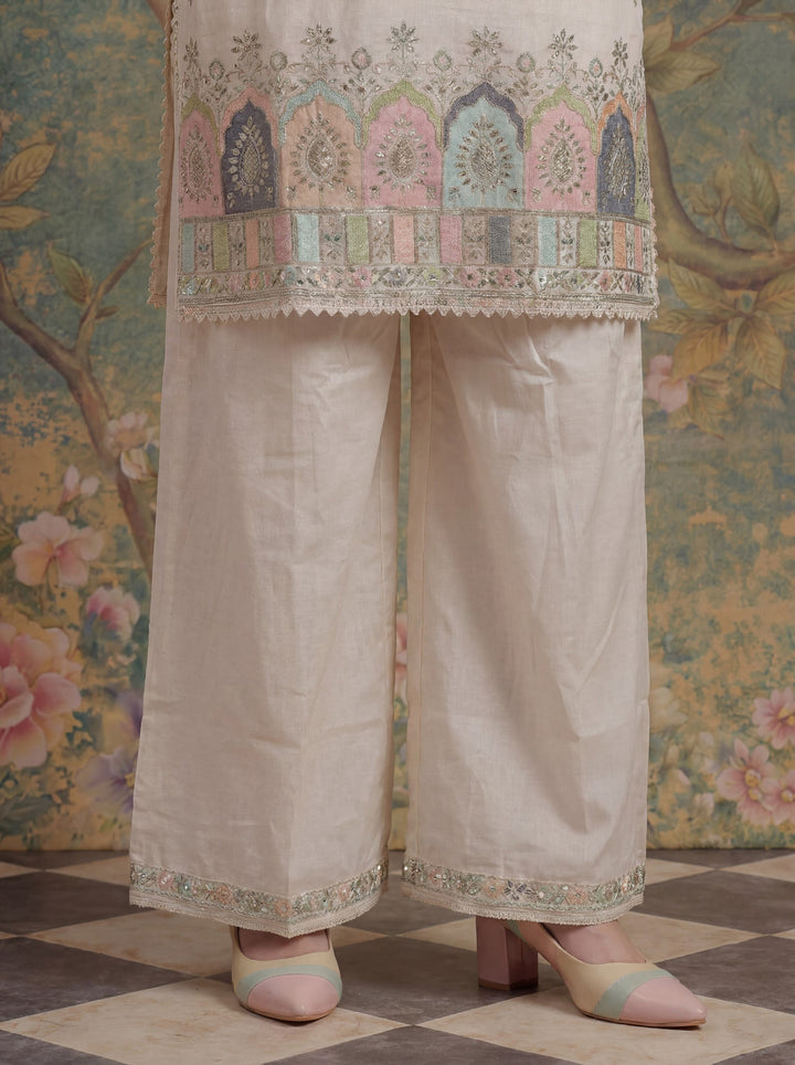 Cream Cotton Thared Work  Kurta Pant Dupatta Set