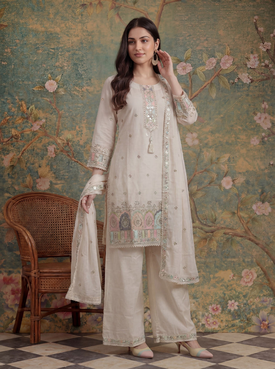 Cream Cotton Thared Work  Kurta Pant Dupatta Set