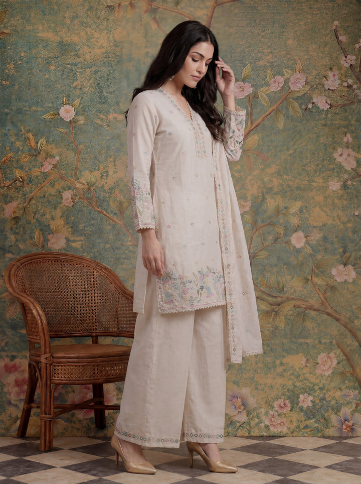 Cream Cotton Thared Work  Kurta Pant Dupatta Set